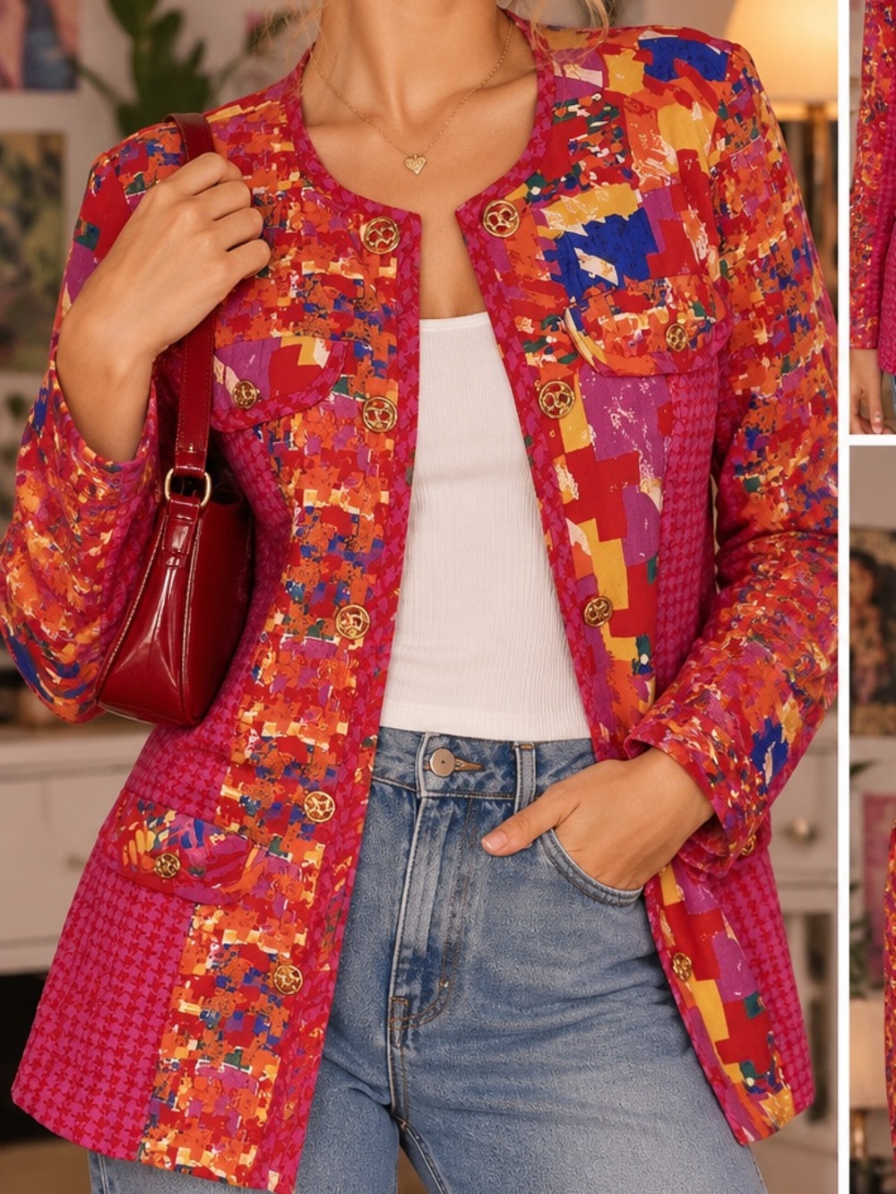 VNTG Carole Little Red and Yellow Blazer Vibrant Suit Jacket